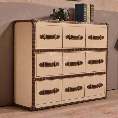 ホテル・ホームファニチャー向け、ナイススタイル ハンドメイド レザー 赤ワイン シガーバー サイドテーブル 収納キャビネット 9引き出し